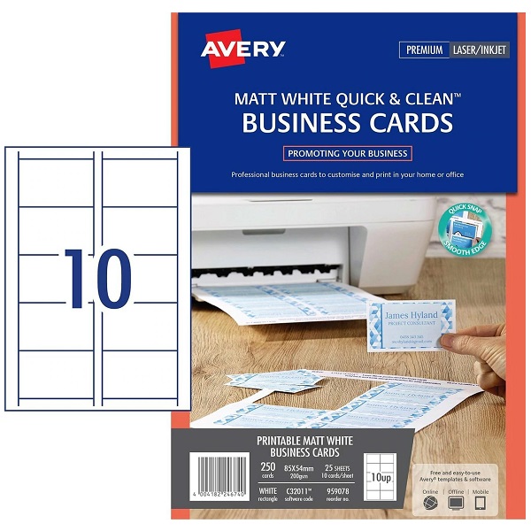 AVERY® C3201125 Printable Business Card Matt White 200gsm 10/Sheet 959078
