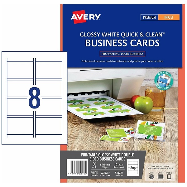AVERY® C3202810 Printable Business Cards Glossy White 230gsm 8/Sheet