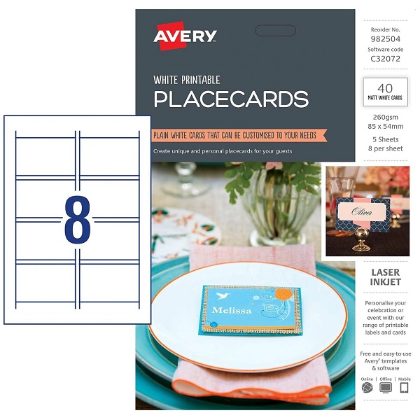 AVERY® C32072 Printable Place Cards White Flat 85 x 54mm 8/Sheet 982504