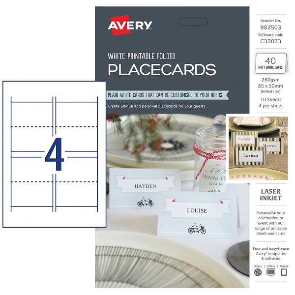 AVERY® C32073 Printable Place Cards White Foldable 85 x 50mm 4/Sheet 982503