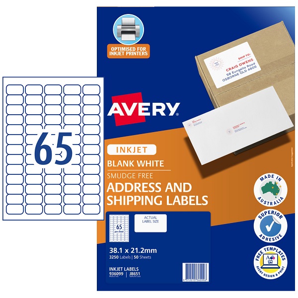 AVERY® J8651 Inkjet Labels 38.1 x 21.2mm 65/Sheet 936099