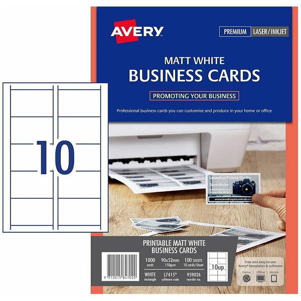 AVERY L7415 100 Printable Business - L AVERY L7415 100 Printable Business Cards Matt White Laser Inkjet 10 Per Sheet 959026 
