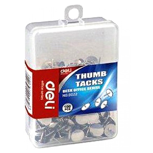 Deli 0022 Thumb Tacks Silver, Pack 100