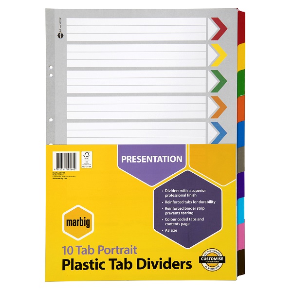 MARBIG A3 Plastic Tab Dividers 10 Tab Portrait Coloured 38610F