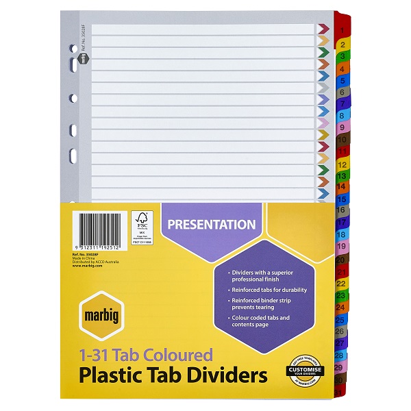 MARBIG A4 Plastic Tab Dividers 131 Tab Coloured 35028F