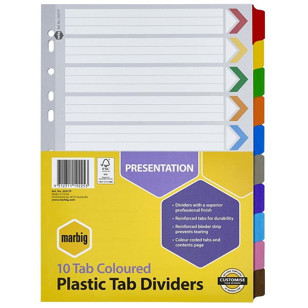 MARBIG A4 Plastic Tab Dividers 10 Tab Coloured 35017F