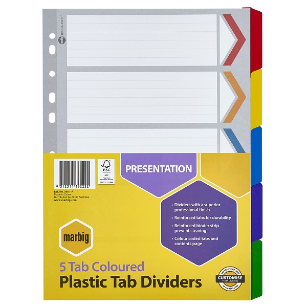 MARBIG A4 Plastic Tab Dividers 5 Tab Coloured 35011F