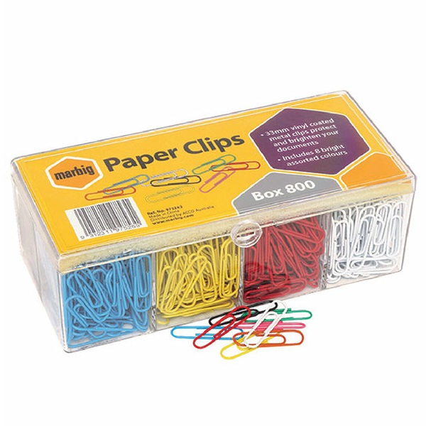 MARBIG Vinyl Coated Paper Clips 33mm Assorted, Box of 800 975262