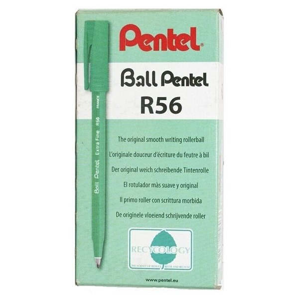 Ball Pentel R56D Extra Fine Point Rollerball Pens 0.6mm Green, Box 12
