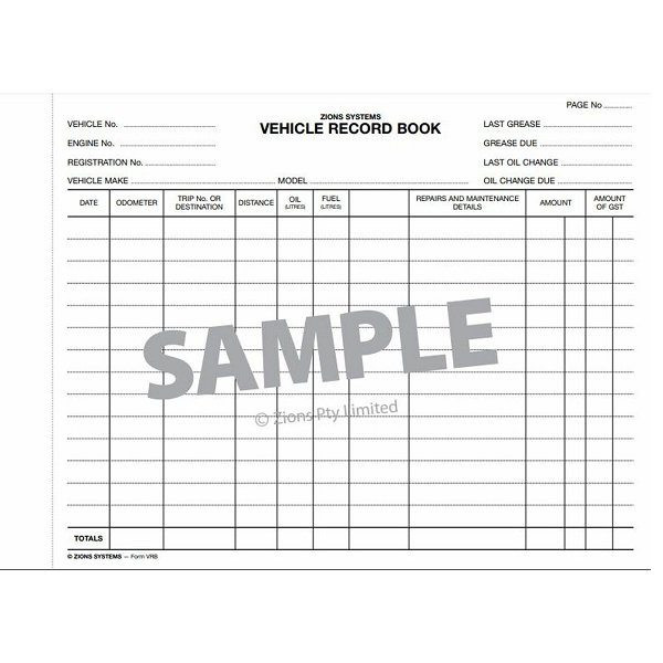 Zions Vehicle Record Book with Travel Details & Operating Costs in